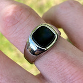 18K Stainless Steel Onyx Ring - Mens silver and black square signet ring - rings for men - unisex band ring - mens jewelry - mens jewellery